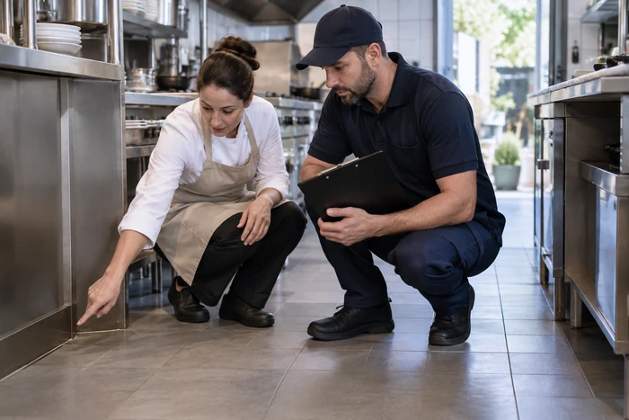 Responsable de cuisine signalant le bas d'un meuble inox à un technicien antiparasitaire.