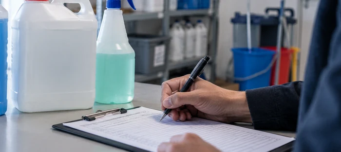 Document de suivi et produits d'entretien examinés sur un plan de travail.