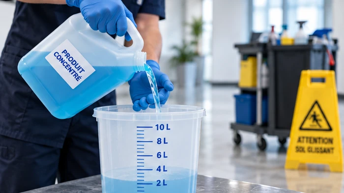 Matériel de dosage et récipient de mesure utilisés pour préparer une solution de nettoyage.
