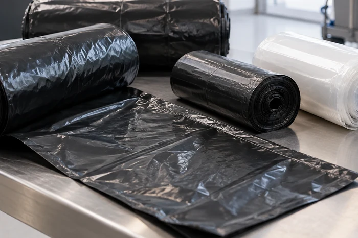 Détail de films noirs et de rouleaux de sacs poubelles professionnels.