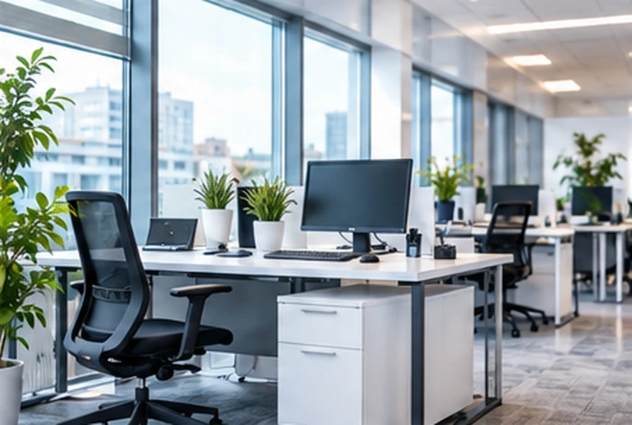 Bureaux lumineux équipés de postes informatiques, de fauteuils et de plantes.