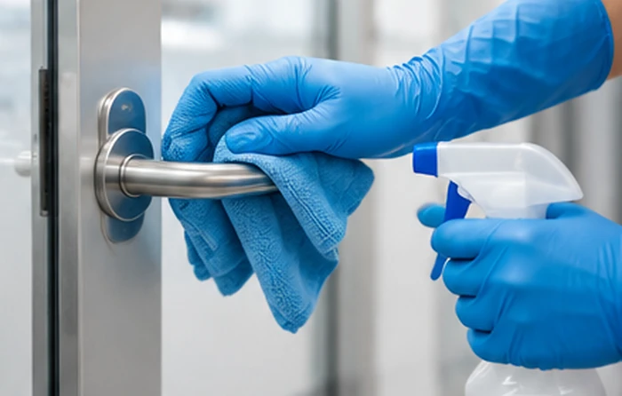 Main gantée nettoyant une poignée de porte avec une lavette microfibre bleue.