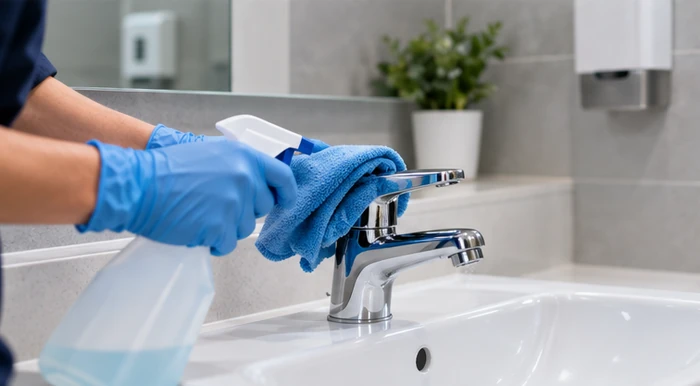 Main gantée passant une lavette bleue sur un robinet au-dessus d'un lavabo blanc.