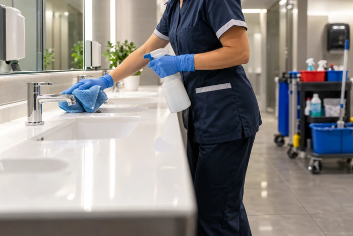 Agente d'entretien essuyant un robinet et un lavabo dans des sanitaires professionnels.