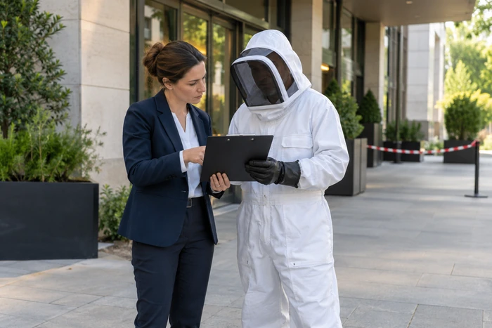 Responsable d’établissement et technicien en combinaison de protection examinant un document près d’une zone balisée.