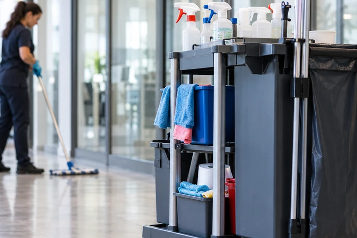 Chariot de nettoyage équipé de textiles et de produits, avec une agente au travail dans le couloir.