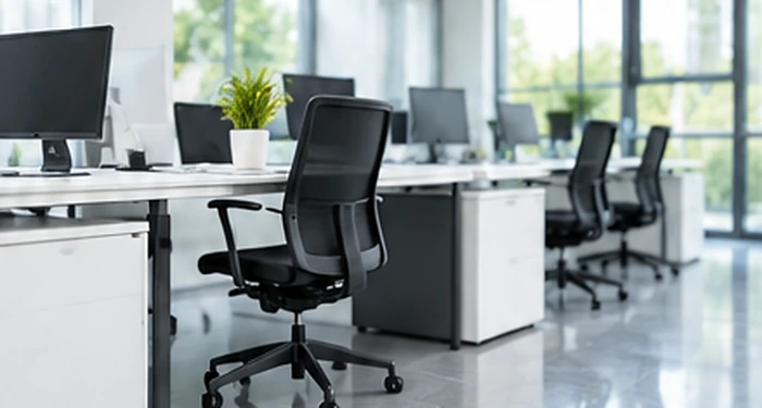 Bureaux lumineux avec postes informatiques, fauteuils et grandes fenêtres.