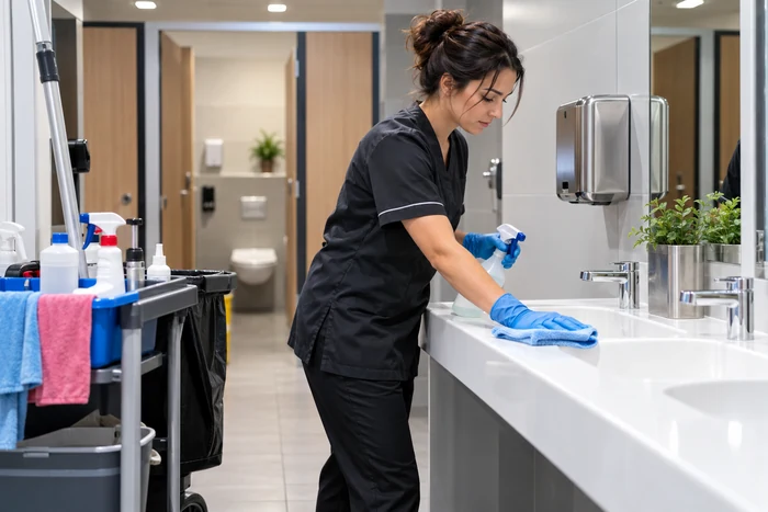 Agente d’entretien nettoyant les sanitaires professionnels avec un chariot de nettoyage organisé par zone.