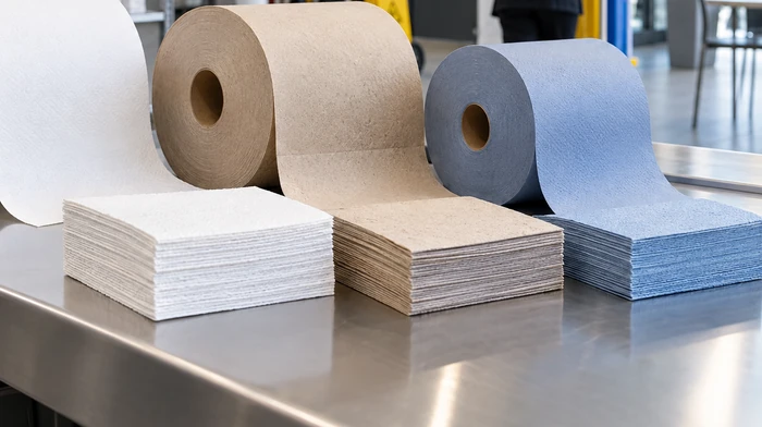 Feuilles d'essuyage blanches, écrues et bleues disposées devant des bobines de papier déroulées.