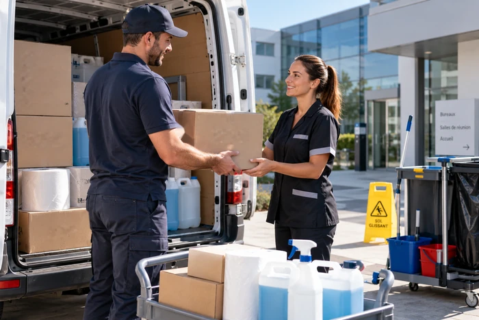 Remise d'un carton de fournitures à une responsable de propreté devant un site de bureaux.