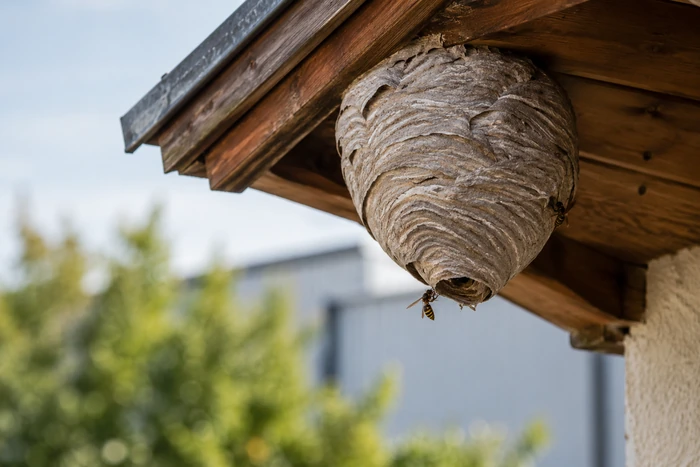 Nid de guêpes accroché sous une avancée de toit en bois, avec quelques insectes visibles.