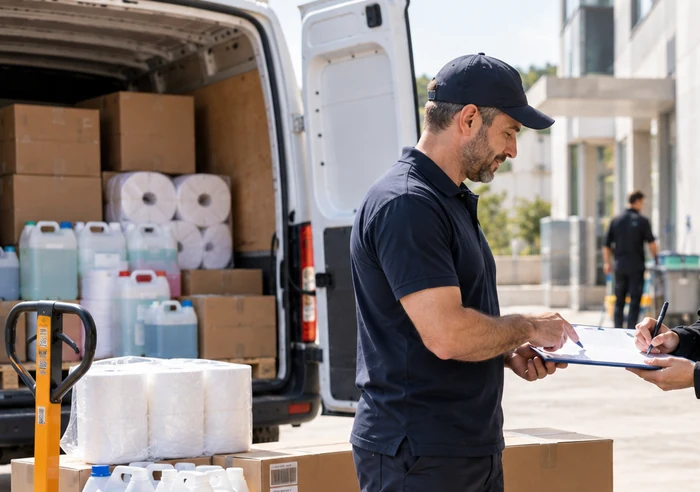 Livreur présentant un document de réception près d'une camionnette chargée de fournitures d'entretien.
