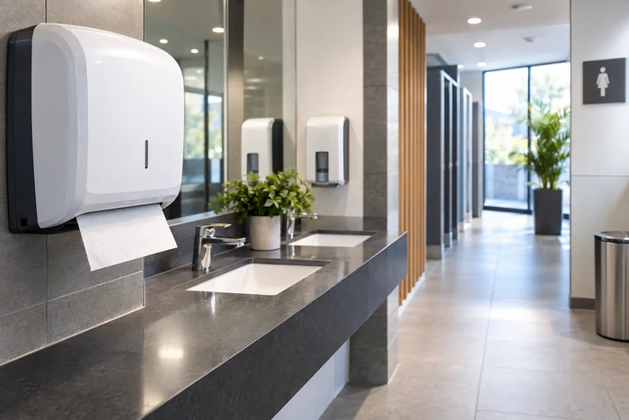 Distributeur mural de rouleau essuie-mains dans un sanitaire professionnel moderne et lumineux.