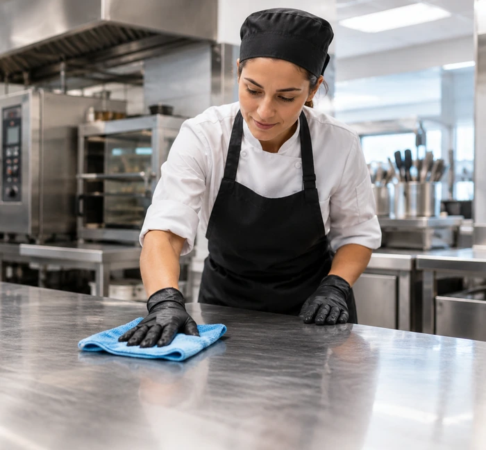 Employée en tenue de cuisine essuyant un plan de travail inox avec une lavette bleue.
