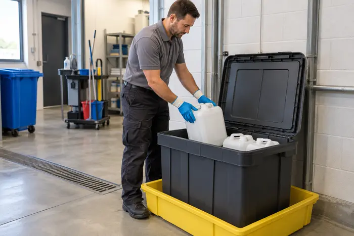 Agent plaçant des bidons vides et fermés dans un contenant dédié installé sur un bac de rétention.