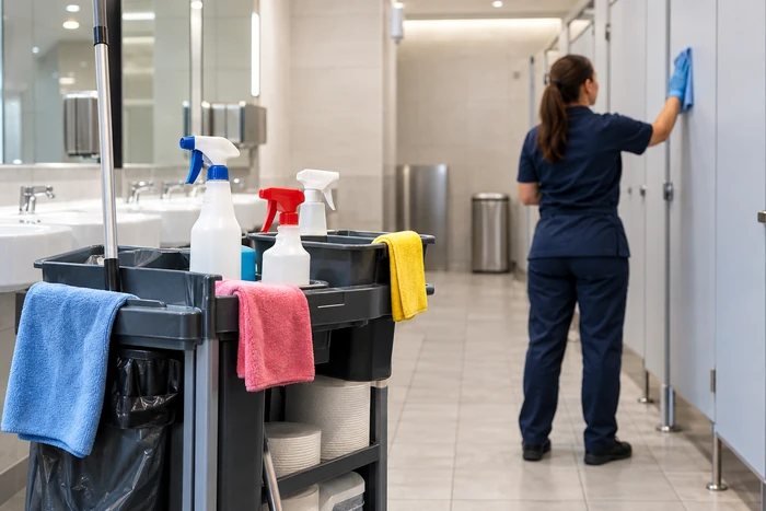 Agente gantée essuyant une porte de sanitaires, près d'un chariot avec flacons et lavettes.